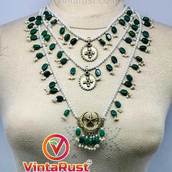 Pearls Beaded Multilayers Bib Necklace, Handmade Three Layers Bib Necklace, - Picture 1 of 8